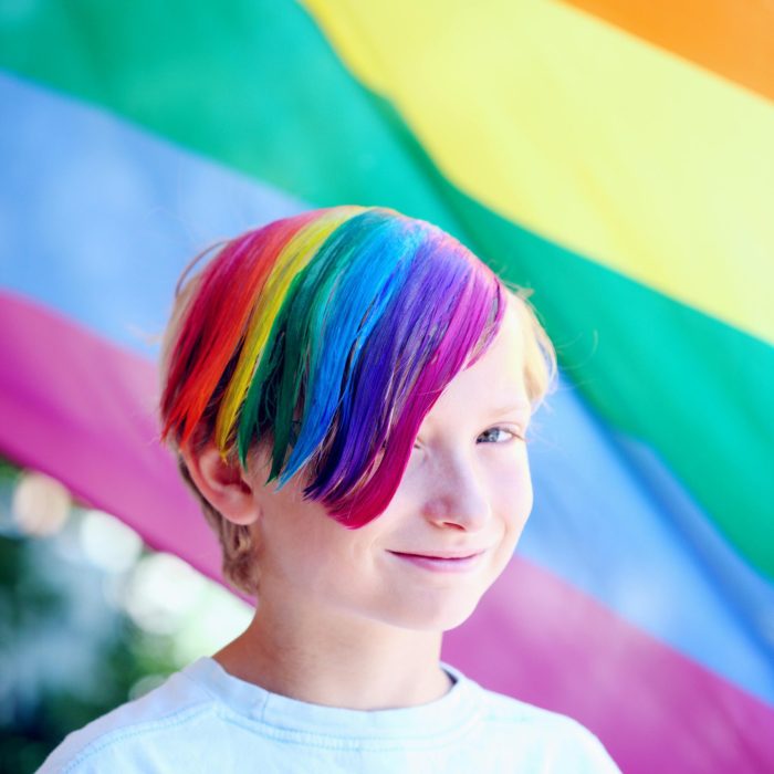A Joyful Child With Rainbow Hair Against A Vibrant Pride Flag Backdrop.