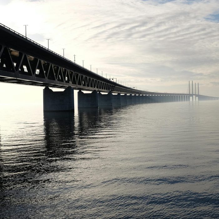 A Stunning View Of A Large Steel Bridge Reflecting On The Tranquil Water Under A Cloudy Sky.