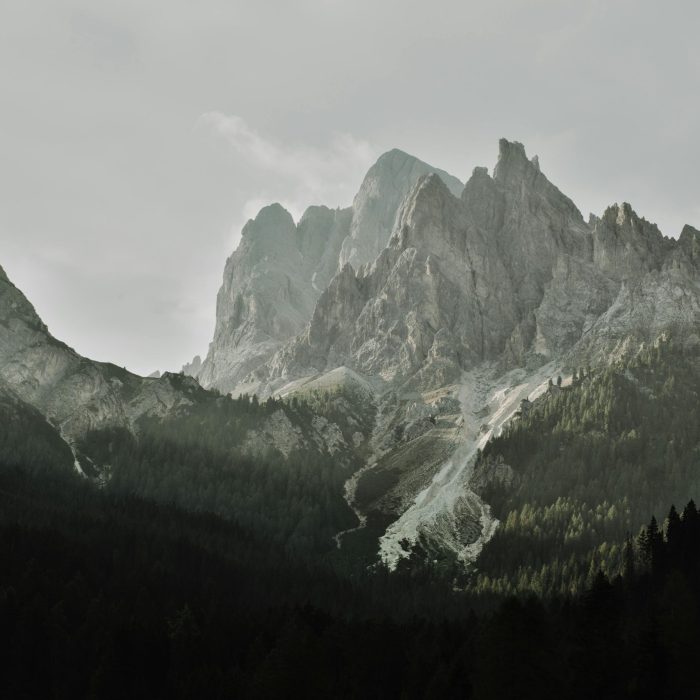 Breathtaking View Of Rugged Mountain Peaks With Lush Forest In Foreground, Perfect For Nature Enthusiasts.