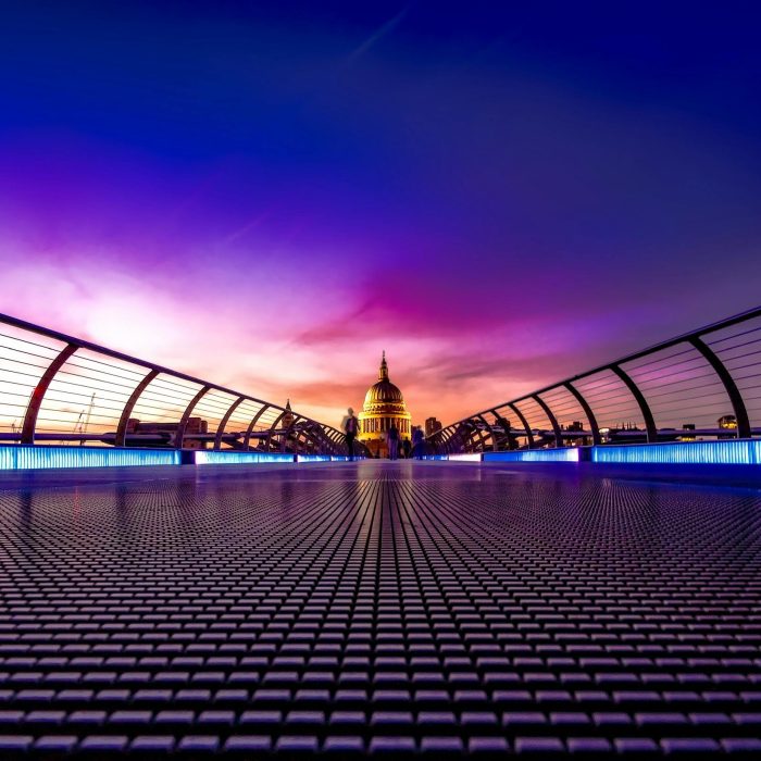 Captivating View Of London's Millennium Bridge At Sunset With St. Paul's Cathedral In The Background.