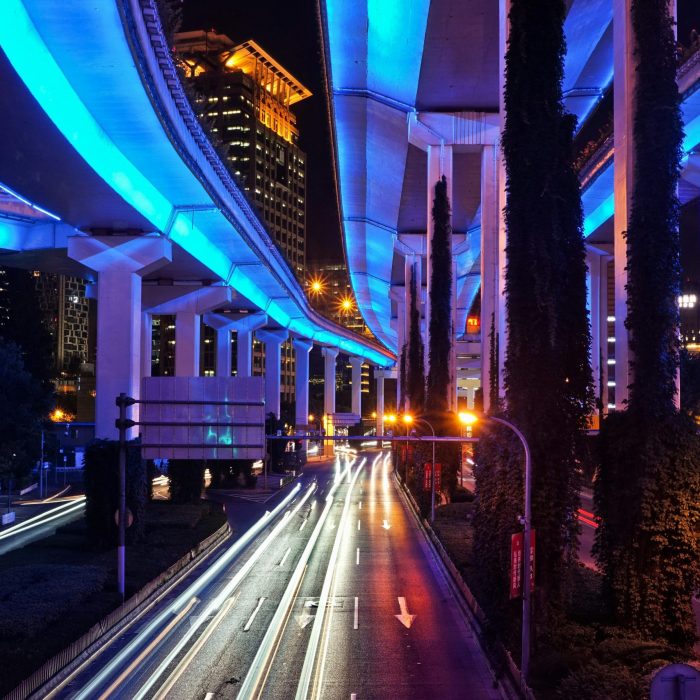 Long Exposure Of Shanghai's Illuminated Elevated Highway With Dynamic Light Trails At Night.