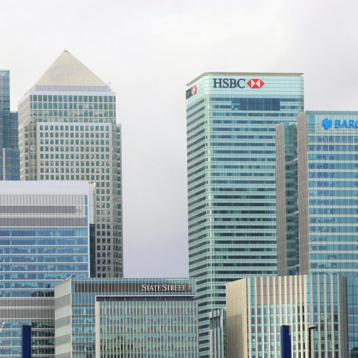 Modern Skyline Of Canary Wharf Featuring Iconic Bank Skyscrapers Like HSBC And Barclays.