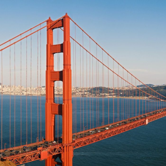 Scenic View Of Golden Gate Bridge Spanning The Blue Waters Of San Francisco Bay.
