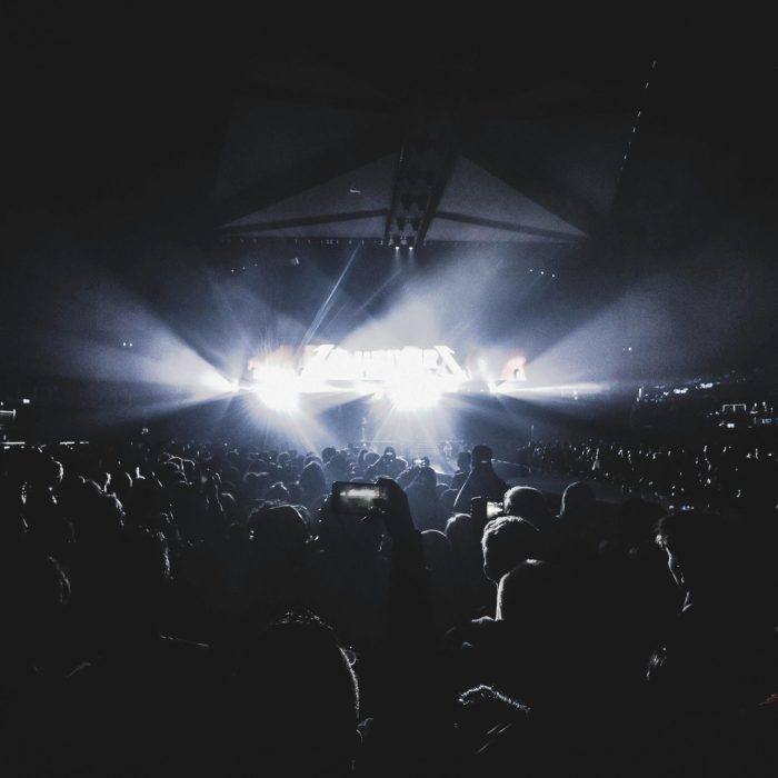 Dynamic Concert Scene With An Energetic Crowd At Night In A London Stadium.