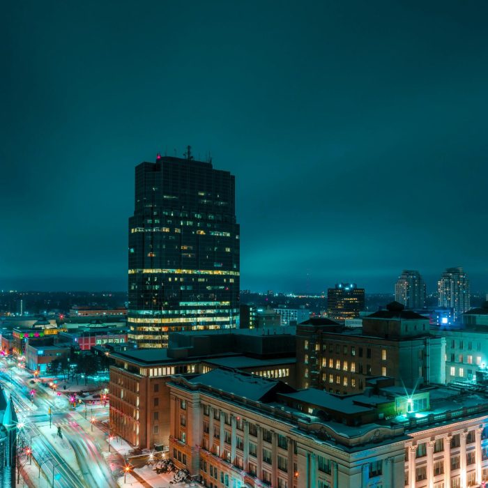 Stunning Long Exposure Shot Of London's Illuminated Skyline In Winter, Highlighting Modern Architecture.